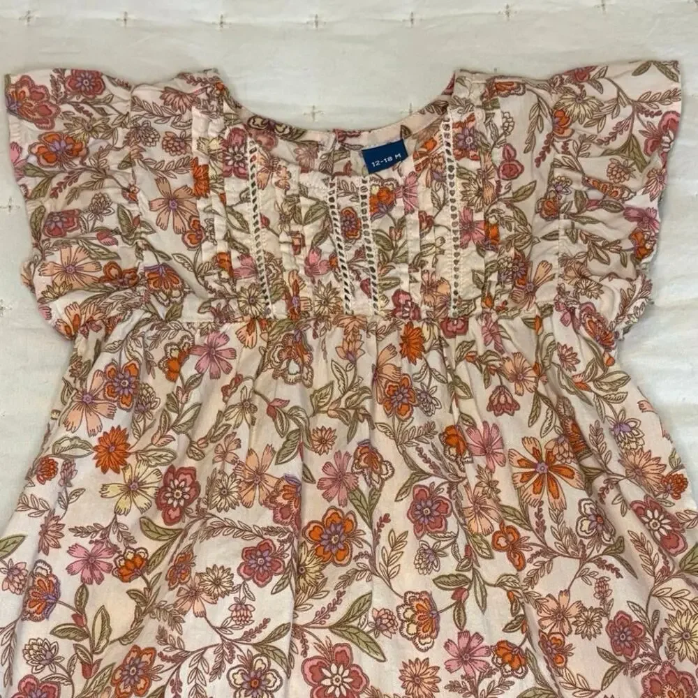 Old Navy Floral Print Pintucked Swing Dress Baby Girl 12-18M Cream Coral